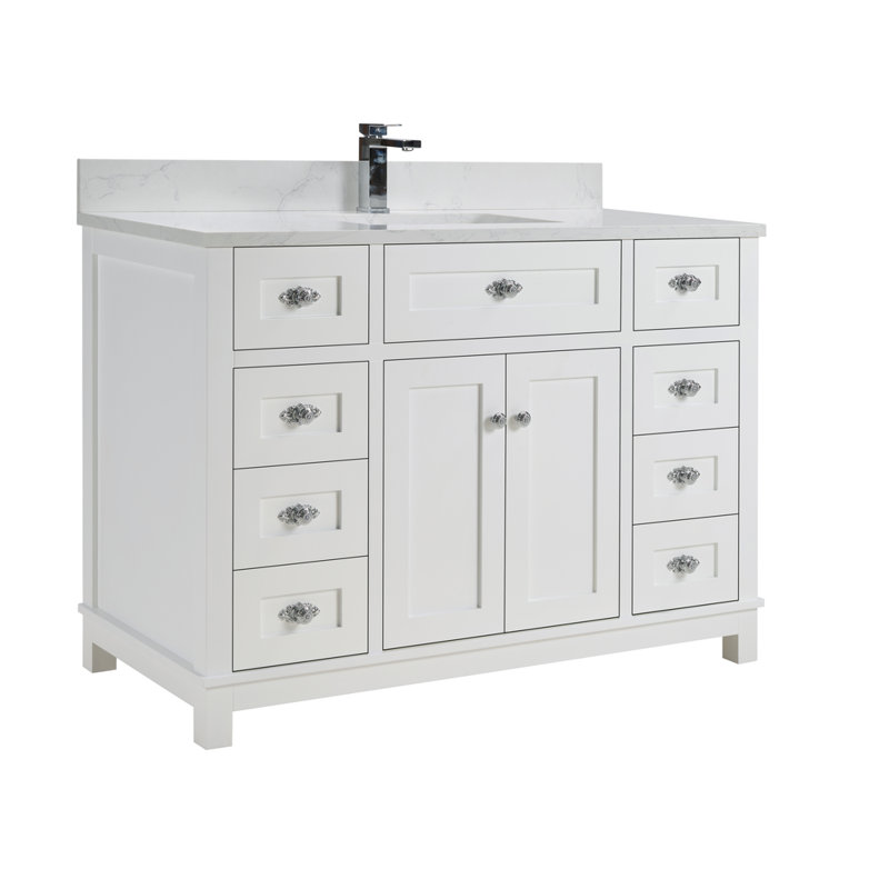 Meuble-lavabo 48 po en bois massif avec comptoir en pierre reconstituée, lavabo simple, Chrome poli, Blanc
