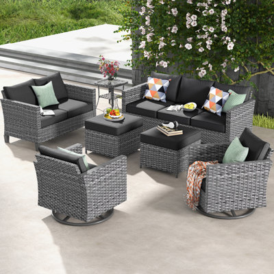 Lovall Wood Premium All-Weather Wicker 7 - Person Patio Conversation Set with Cushions