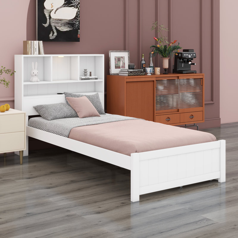 Platform Bed With Bookcase Headboard, White