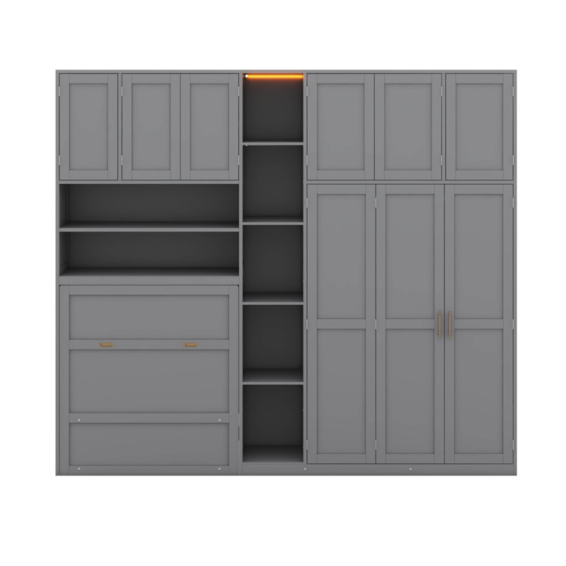 Lit escamotable en bois simple avec garde-robe et armoire, armoire escamotable avec DEL et bibliothèque, Gris
