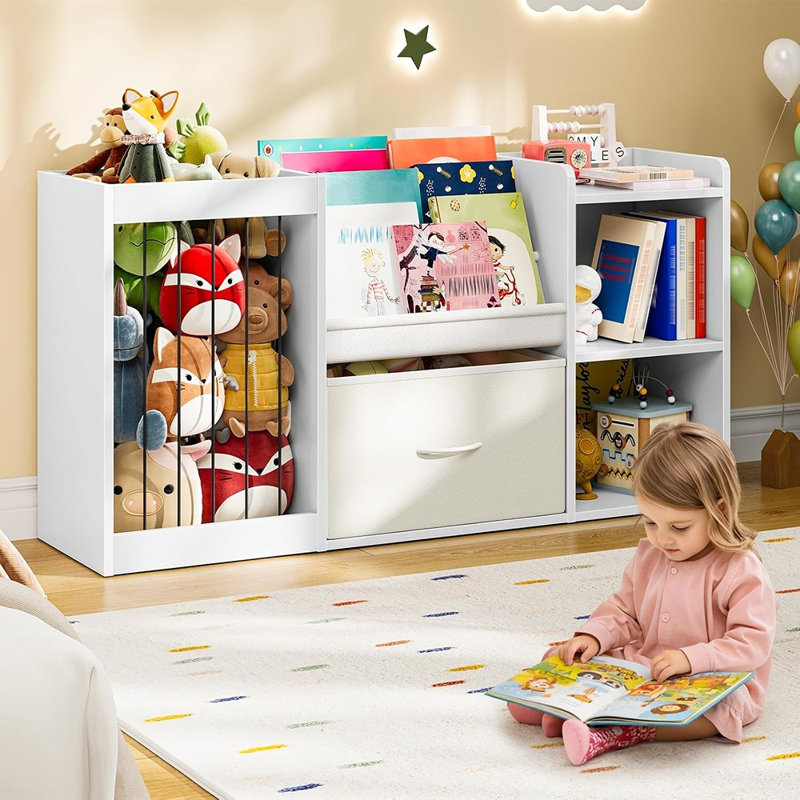 Bibliothèque et support à jouets avec tiroir - Bibliothèque à 3 tablettes avec rangement pour animaux en peluche pour chambre à coucher et salle de jeux, blanc