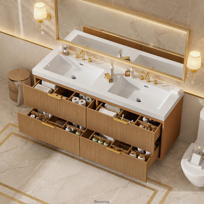 59.3 Inch Wall-Mounted Double-Sink Bathroom Vanity with SMC Top, Wood-Grain Melamine MDF Cabinet and Soft-Close Drawers