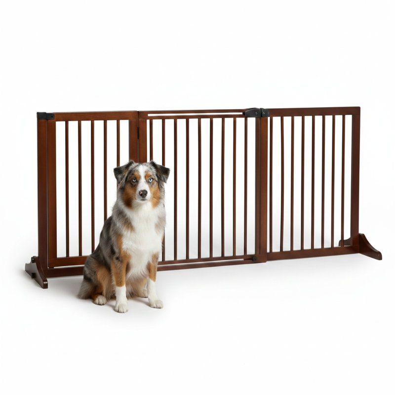 Barrière pour animaux réglable en bois, clôture pour chien autoportante pour porte, couloir, 3 panneaux avec barrière de sécurité, porte verrouillable, brun, L 44,5 po à 65,25 po x H 14,25 po
