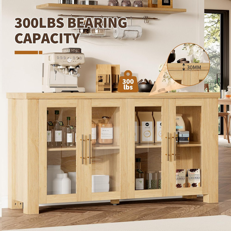 Buffet Cabinet with Tempered Glass Doors, Wood Sideboard Credenza, 59" W, Storage Cabinet for Living Room, Dining Room, Kitchen, Natural Wood