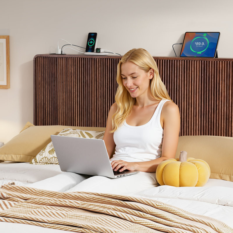Tête de lit avec station de charge, Noyer, Très grand lit