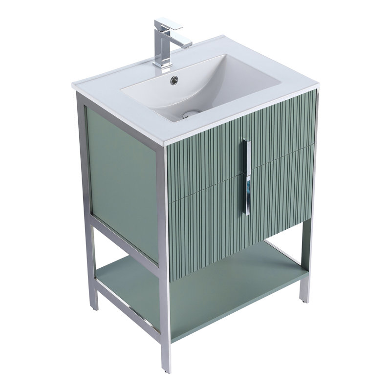 Meuble-lavabo moderne avec plateau en céramique blanche Serenity, Vert menthe / chrome, 24"