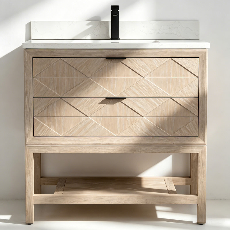 Meuble-lavabo autoportant en bois massif 36 po avec plateau en marbre d'ingénierie 36 po, Chêne blanc délavé