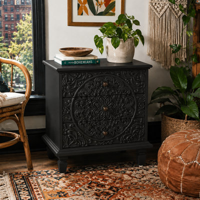 Table de chevet vintage à 3 tiroirs avec volutes en relief, commode décorative et table d'appoint avec rangement pour la chambre à coucher, le salon et le vestibule French Country