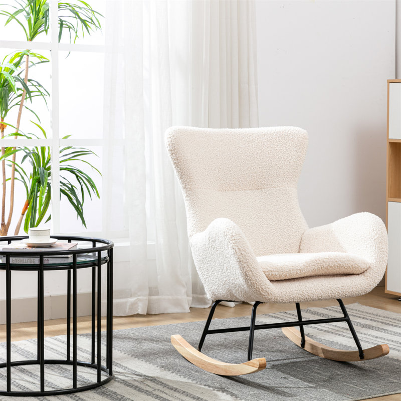 Chaise berçante en tissu Teddy, accoudoir avec dossier haut et accoudoirs, beige