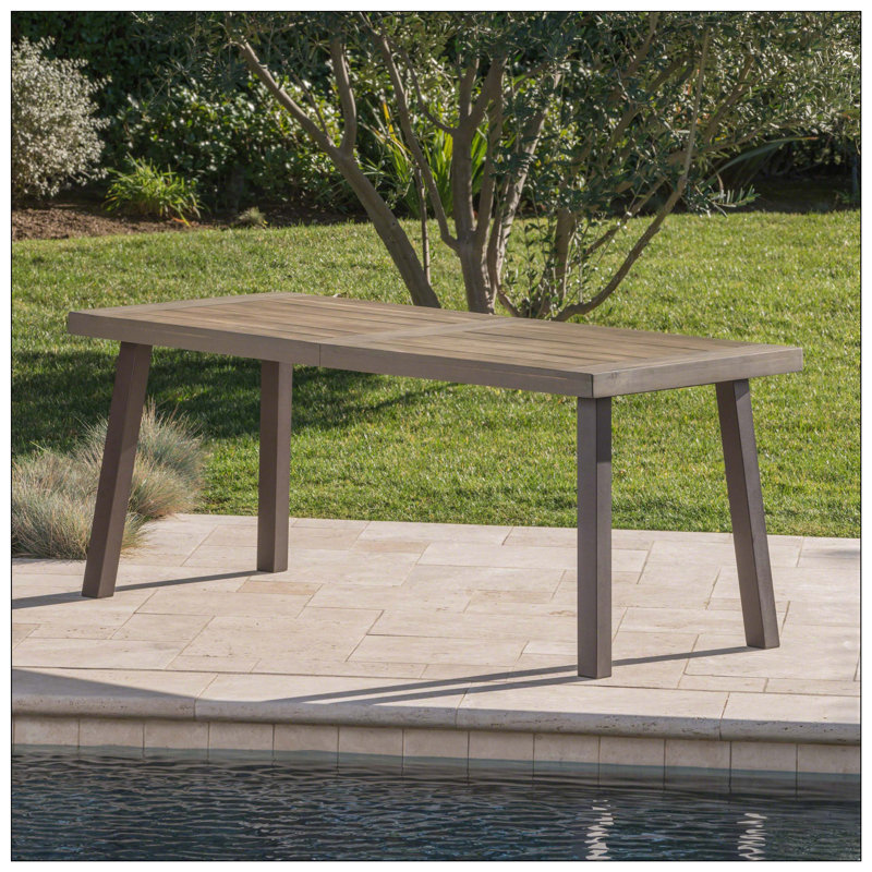 Table de salle à manger d'extérieur, plateau en bois d'acacia, pieds en métal, silhouette minimaliste, idéale pour les dîners et les rassemblements