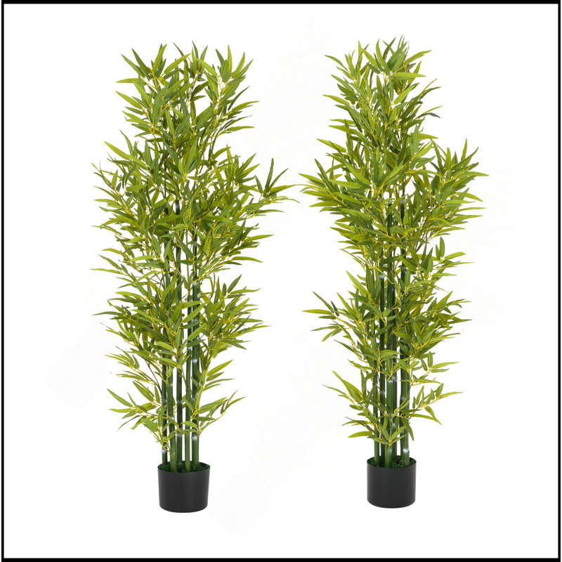 Bambou artificiel 5 'avec pot, ensemble de 2, H 60,75 po x l 27 po x P 27 po