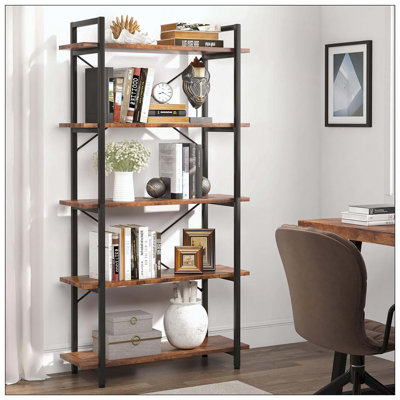 5-Tier Industrial Metal Bookshelf Unit Rustic Brown