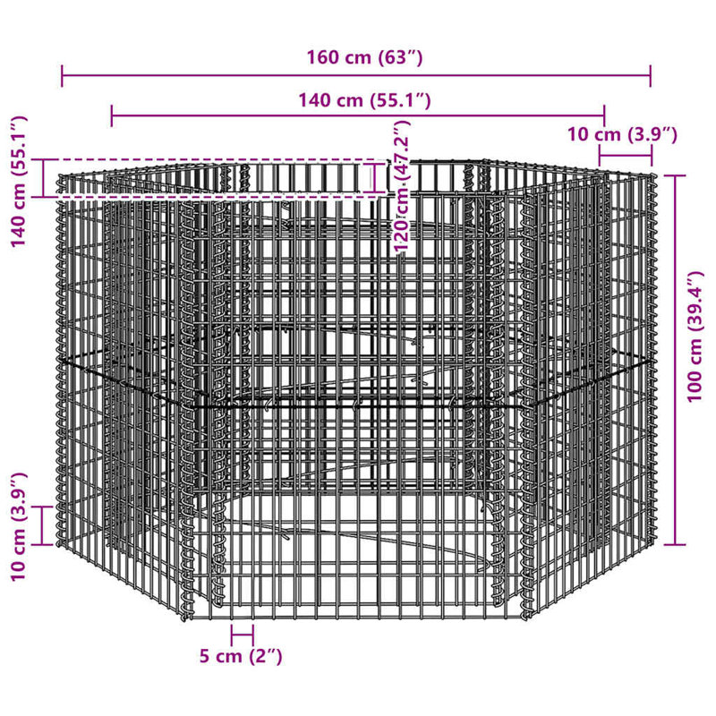 VidaXL Gabion Panier hexagonal, pot en Gabion en acier galvanisé, lit surélevé Gabion pour le jardin, capacité de charge élevée