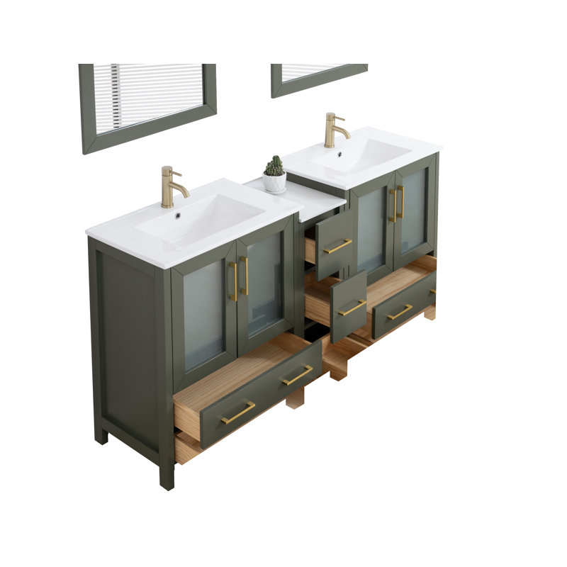 Meuble-lavabo double 72 po avec plateau et miroir, Vert rétro