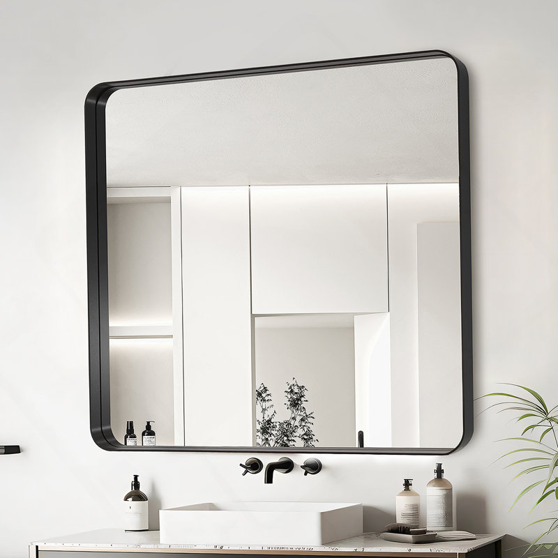 36X36 Inch Black Aluminium Frame Bathroom Mirror, Black, 36" x 36"