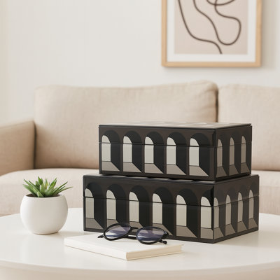 Quirion Decorative Boxes Glass Wood MDF Arched Geometric Design 11"x7"x4" Black White Boho Style for Home Office Bedroom Living Room Storage Set of 2