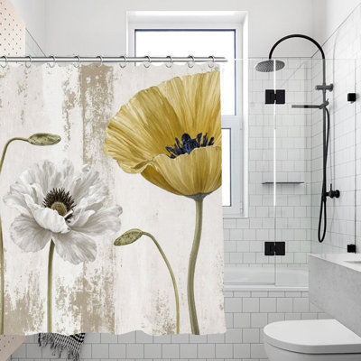 Yellow And White Poppy Shower Curtains For Bathroom, 71 × 71