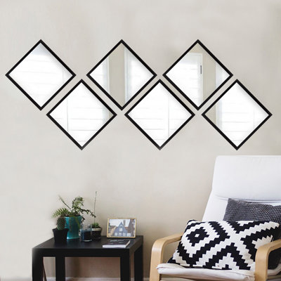 Elegant Mirror Set (6 Pieces), 24 x 24 inches | 100% Glass with Laminated Plastic Frame, 0.16 inches Thick | Stylish Silver & Black Design, Perfect for Home Decor, Living Room, Bedroom & Entryway