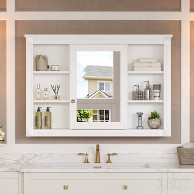 Armoire de rangement murale de 42 po, armoire à pharmacie, armoire de salle de bain moderne avec miroir, armoire à miroir avec 6 tablettes ouvertes (ne pas inclure le meuble-lavabo)