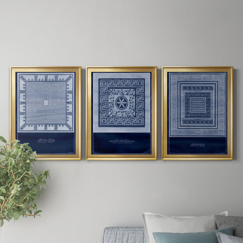 Indigo Tile I - ensemble de 3 impressions sur toile encadrées, H 26,5 po x l 109,5 po x P 1,5 po, Encadrement doré