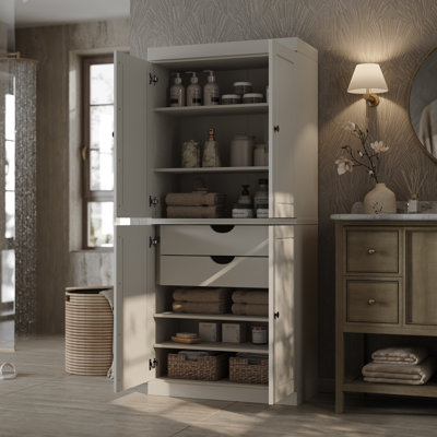 32" W x 71.5" H 100% Solid Wood Freestanding Bathroom Linen Cabinet with Doors, 2 Drawers & Adjustable Shelves – Modular Storage Organizer