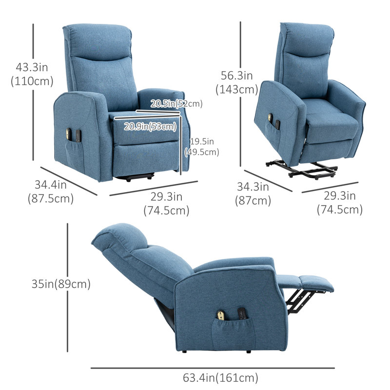 Fauteuil inclinable électrique l 29,3 po de largeur avec téléskis, Polyester bleu