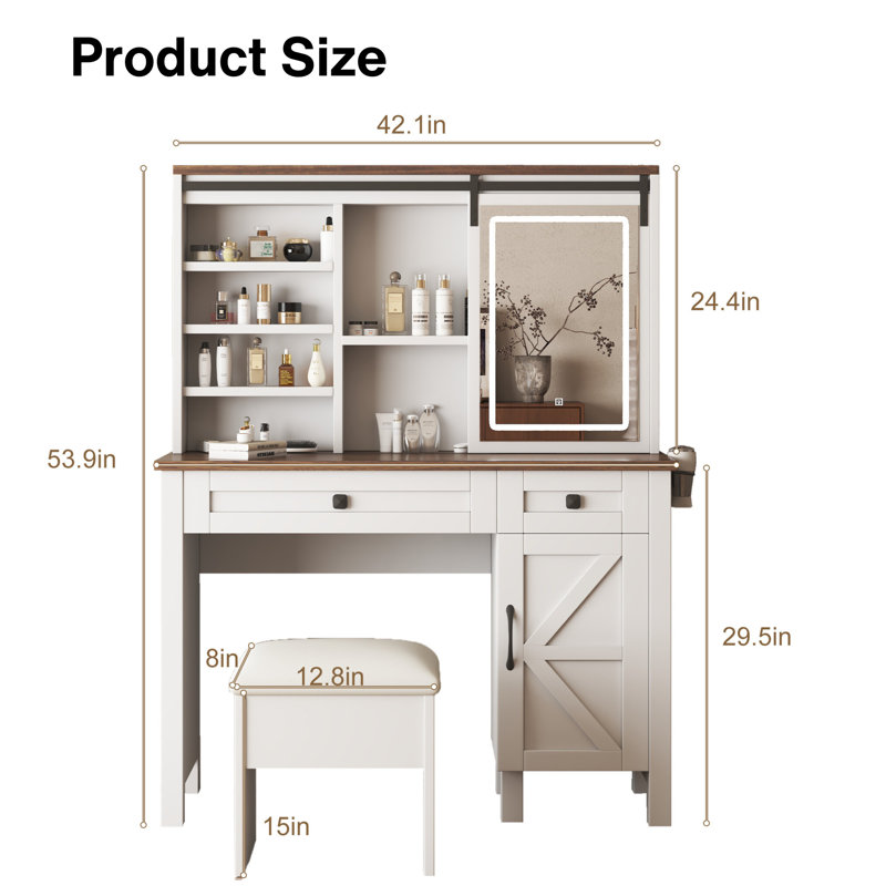 Makeup Vanity Desk Set With Sliding Mirror, Adjustable LED Light, Charging Socket, Multi Storage