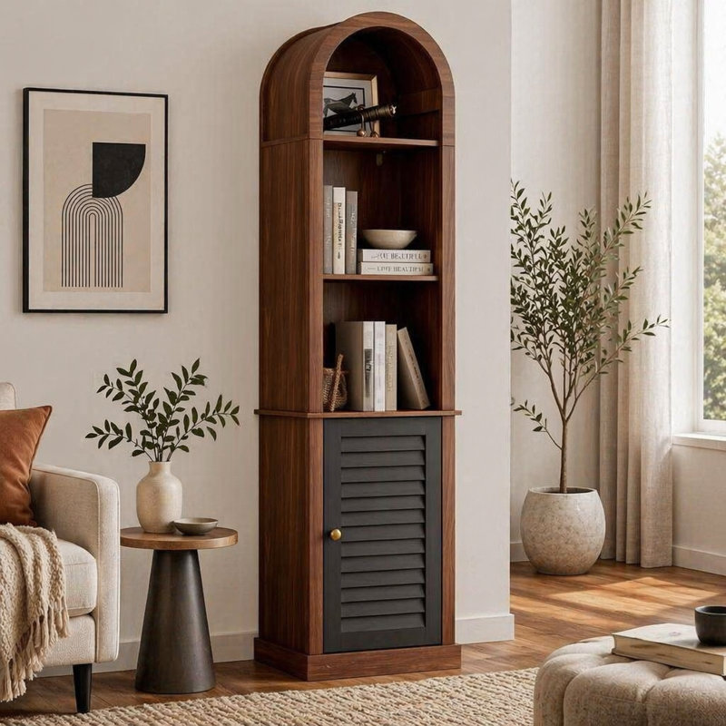 Bibliothèque d'angle étroite en bois avec porte à volet pour salon, chambre à coucher et petit espace