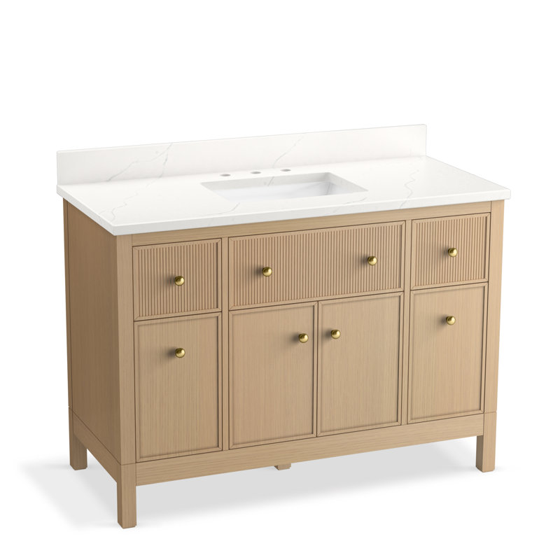 Malin By Studio McGee 48 in. Bathroom Vanity Cabinet With Sink And Quartz Top, Oak, Brass