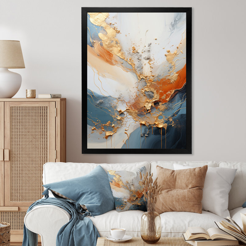 Golden Sunrisre abstrait or et bleu nova I - reproduction d'art sur toile encadrée, Cadre simple noir