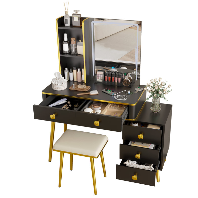 Makeup Vanity with Tri-Color Dimmable Light Mirror, Charge Station, 5-Drawer Sub-Cabinet, Soft Stool, Black/Gold/Beige Chair