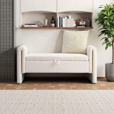 Modern Teddy Upholstered Storage Bench with Arms, Ottoman Footrest for Bedroom & Living Room, Coffee Brown