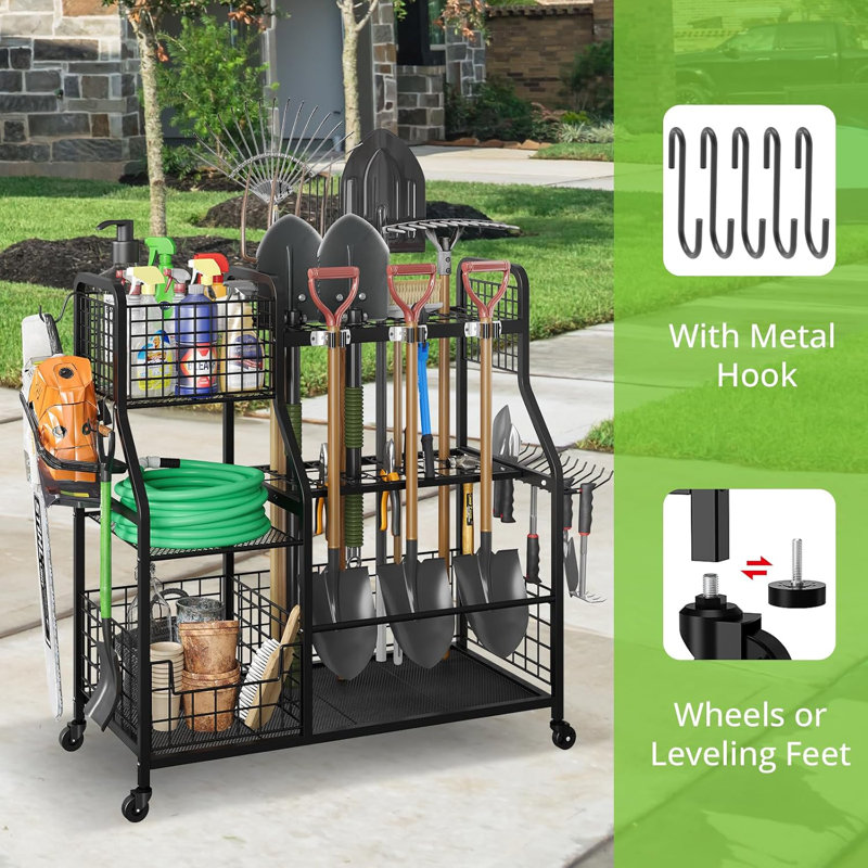 Heavy Duty 3-Tier Garden Tool Organizer With Wheels, Storage Basket, And Multi-Function Design For Garage, Shed, Yard, And Basement