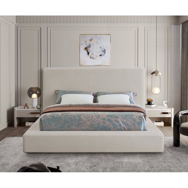Lit plateforme tapissier Ishia, Grand, Lin beige