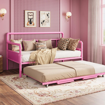 Lit de jour simple avec lit gigogne escamotable | Structure métallique et support à lattes | Canapé-lit pour chambre d'amis, dortoir pour enfants ou salle de jeux