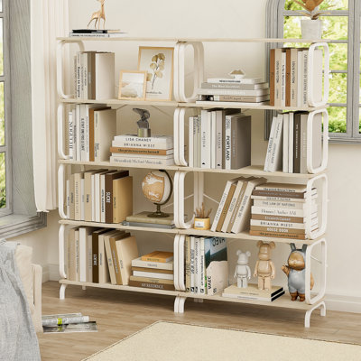 Grande bibliothèque à 5 niveaux, bibliothèque ouverte pour bureau à domicile, tablettes pour le salon, tablette de bureau, bibliothèque de style industriel rétro avec structure en métal blanc, blanc