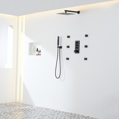 3 Function Thermostatic Shower Set, High-Pressure Rain Shower, Hand-Held And Bathtub Spout, Anti-Scald Temperature Control, Matte Black, For Bathroom