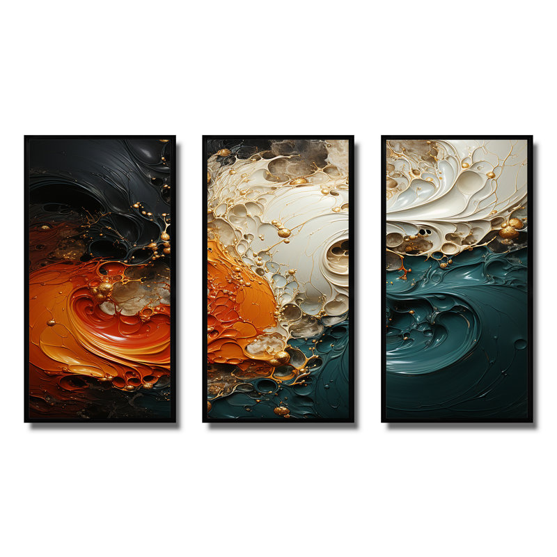 Orange et émeraude marbre lave V - art mural abstrait, Cadre flottant noir, H 40 po x l 61 po x P 1 po