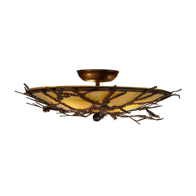 Rustic Bronze and Glass Pine Branch Flush Mount Light