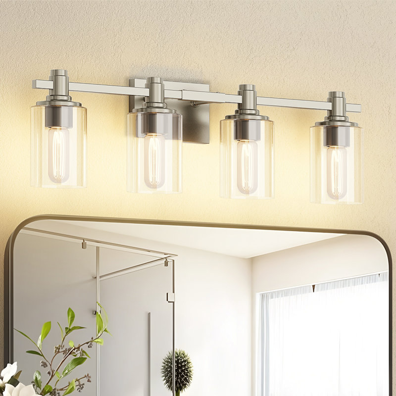 Luminaire de meuble-lavabo moderne, métal durable avec abat-jour en verre, résistant à l'humidité, Quatre lumières, Nickel