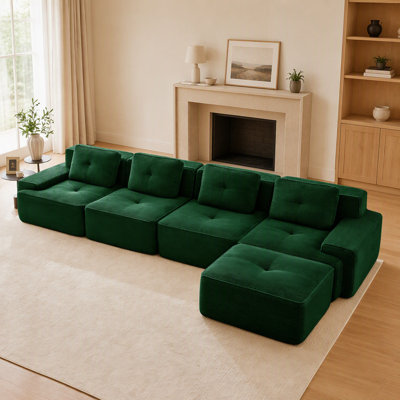 Canapé d'angle modulaire moderne en forme de L de 390 cm (153 pouces) pour salon, tissu velours côtelé, 4 places avec assise profonde et pouf amovible, passepoil nacré, capitonnage, livré monté, antidérapant, couleur camel
