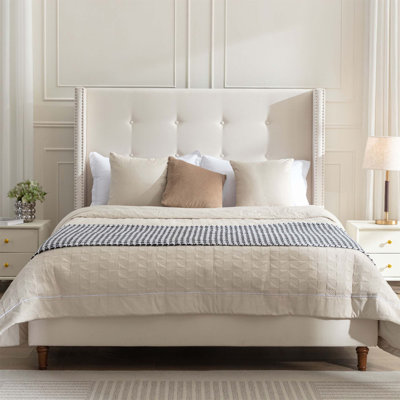 Peyton Velvet Upholstered Bed With 54 Inch High Headboard, Traditional Hand Buttoned Tufting, And Nailhead Trim Wingback For Elegant Bedrooms