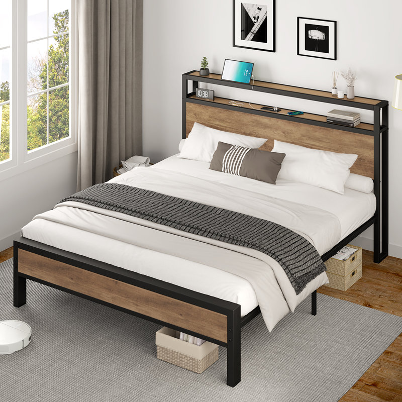 Queen Size Platform Bed Frame With 2-tier Storage Headboard/ Charging Station,Light Brown, Queen, Light Brown