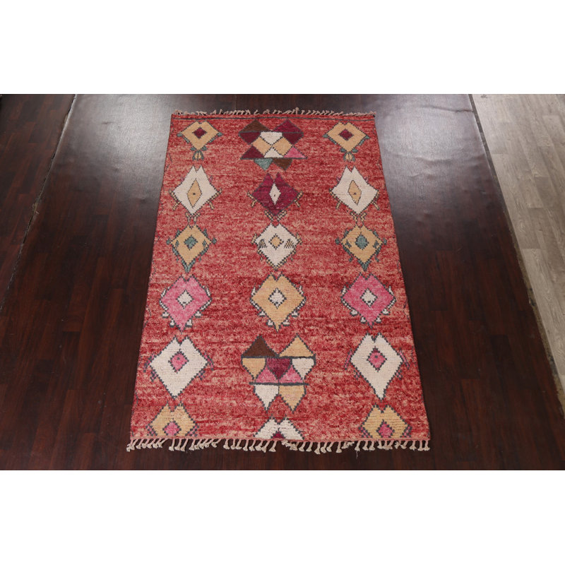 Tapis rouge en laine noué à la main de conception unique 6 pi 0 po x 9 pi 6 po