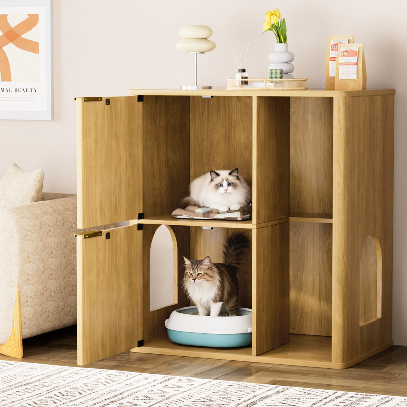 Enceinte en bois pour litière pour chat avec rangement, arbre et conception pour le salon, Natural