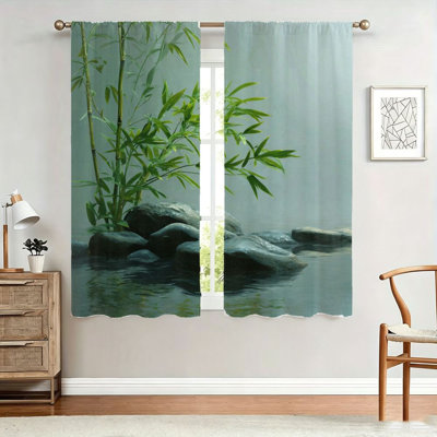 2Pcs Bamboo and Rock Curtains, light filtering fabric, serene zen garden print pattern, sunshade privacy protection, rod-pocket design, suitable for living room, bedroom, balcony, kitchen home decoration