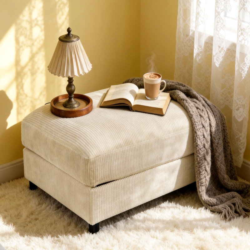 Corduroy Upholstered Rectangle Ottoman, Beige