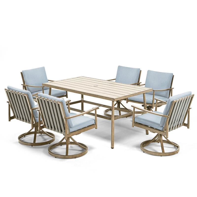 Mariene 6 - Person Patio Dining Set with Rectangular Table , Cushions Included, Beige, Blue