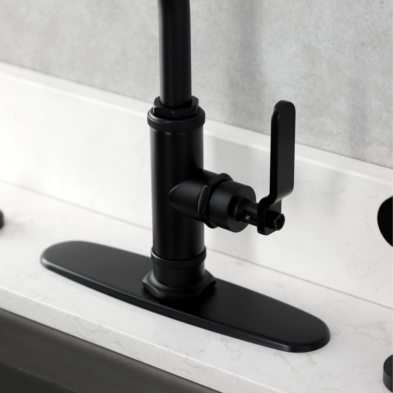 Kingston Brass Whitaker Single-Handle Deck Mount Kitchen Faucet with Brass Sprayer, Matte Black