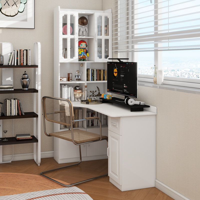 Bureau d'ordinateur d'angle en L pour bureau à domicile ou bureau d'étude, table d'étude de style moderne avec tiroirs, bibliothèque et huche, conception en L 2 en 1, grand espace de travail